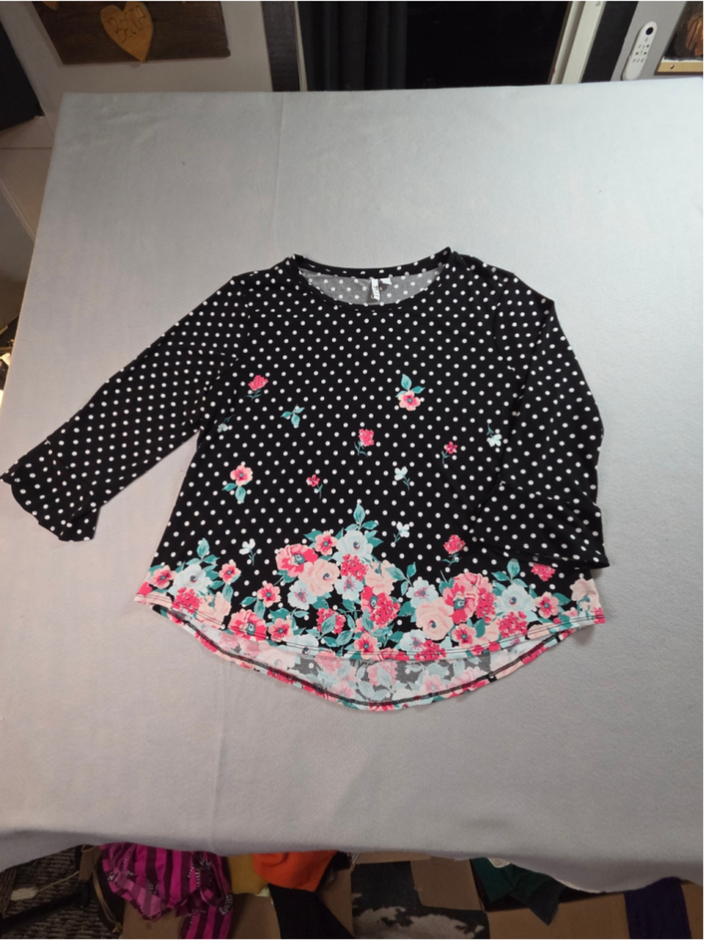 Women's ELLE Black Polka Dot Floral Blouse Size XL